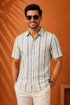 SUGAA Men's Beige & Olive Green Striped Half Sleeve Casual Shirt