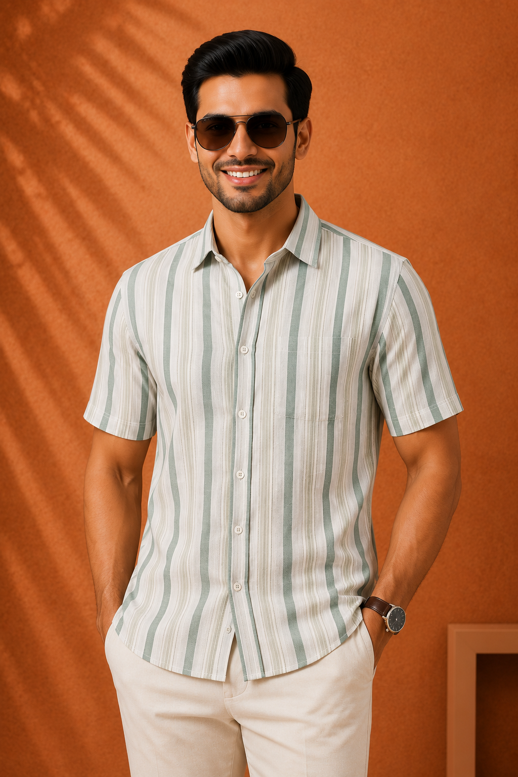SUGAA Men's Beige & Olive Green Striped Half Sleeve Casual Shirt