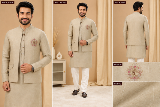Men’s Beige Embroidered Kurta with Nehru Jacket Set