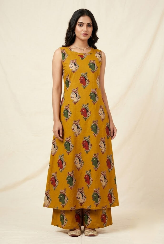 Mustard Yellow Folk Art Motif Sleeveless A-Line Kurti Co-Ord Set