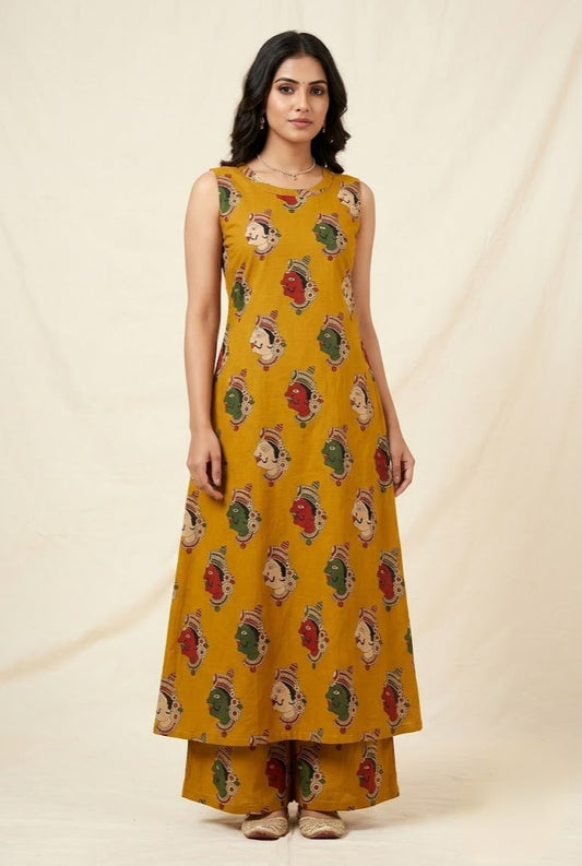 Mustard Yellow Folk Art Motif Sleeveless A-Line Kurti Co-Ord Set