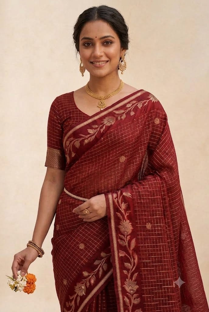 Deep Checked Silk Saree with Floral Zari Border