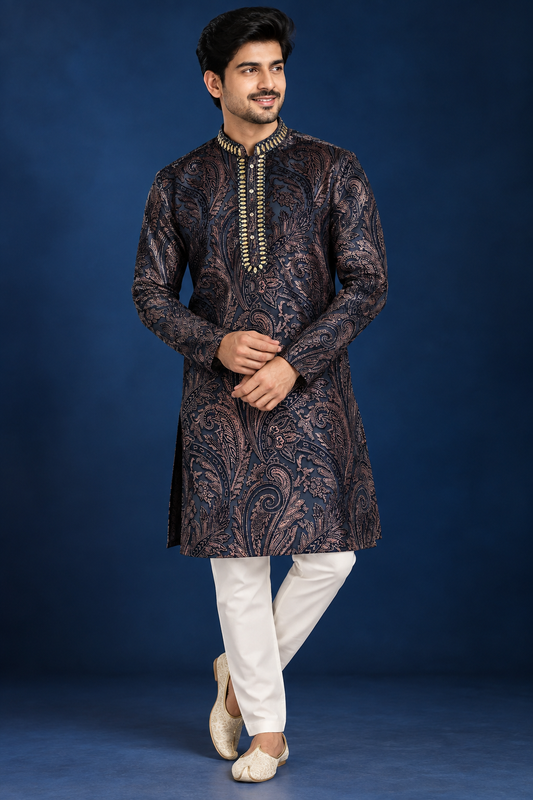 Navy Paisley Embroidered Festive Kurta Set