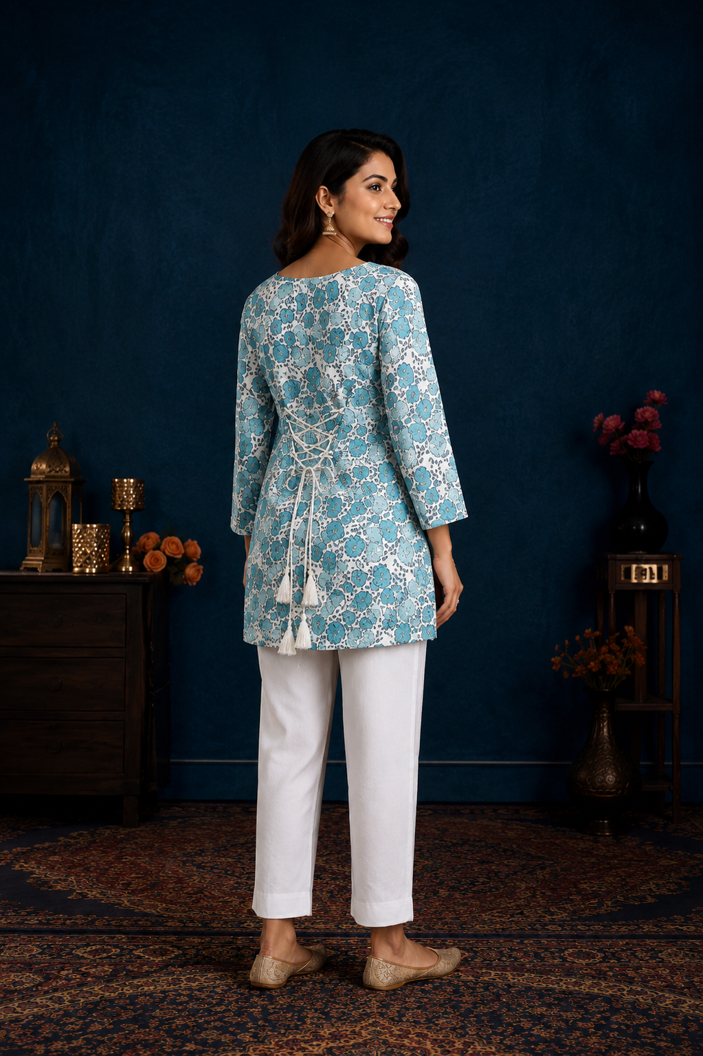 Sky Blue Floral Print Short Kurti