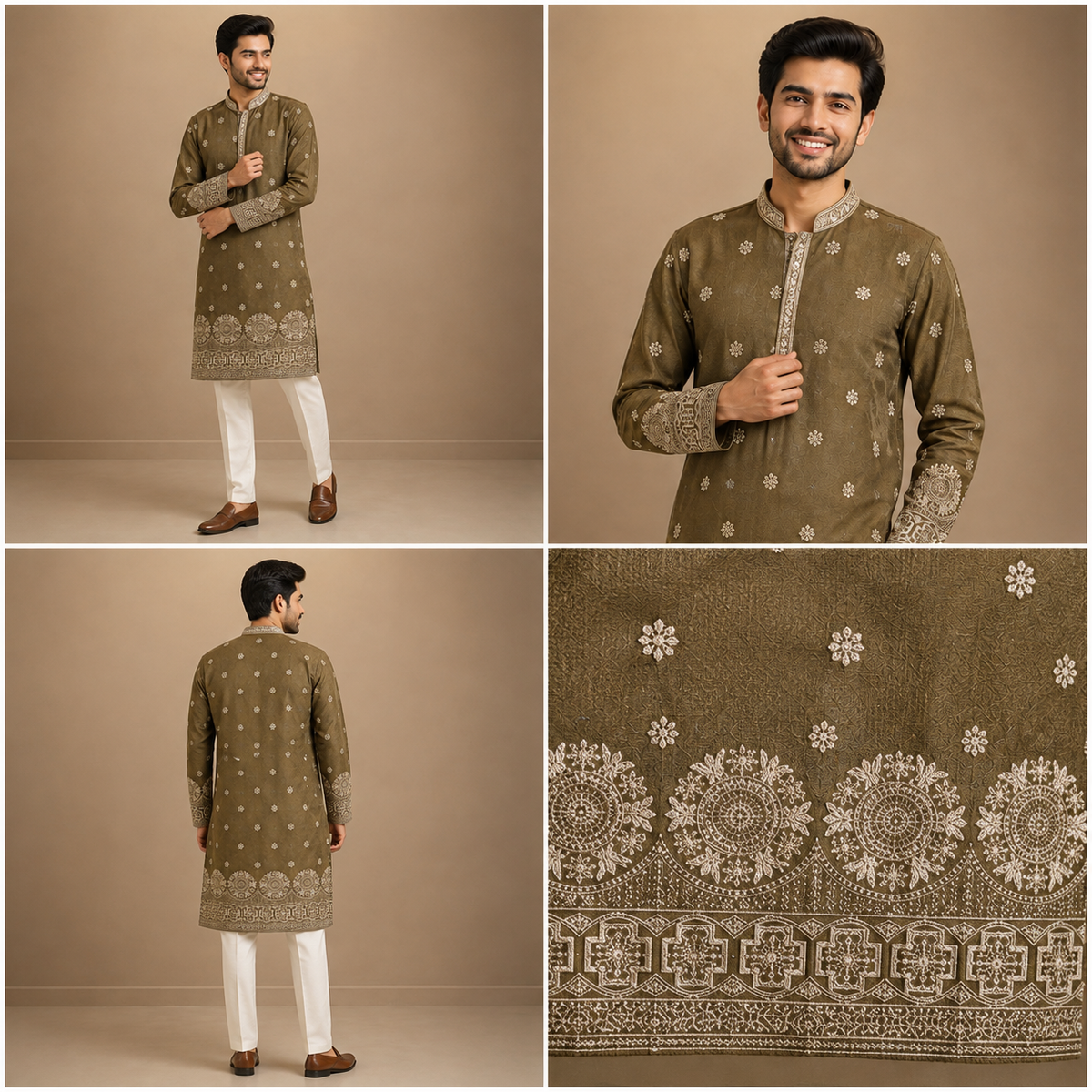 Olive Brown Embroidered Festive Kurta for Men