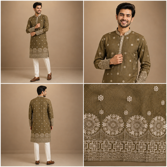 Olive Brown Embroidered Festive Kurta for Men