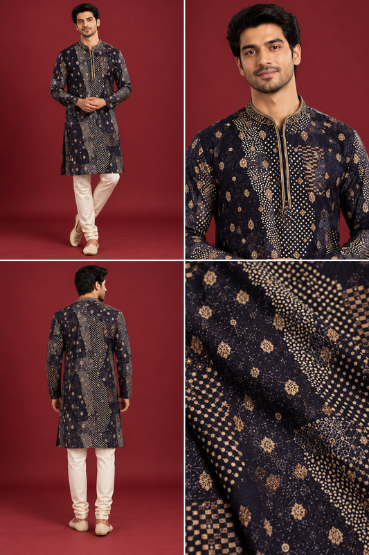 Navy Blue Gold Print Festive Kurta Set