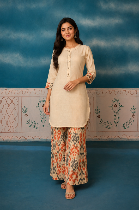 Women's Beige Cotton Blend Kurti & Printed Palazzo Co-ord Set