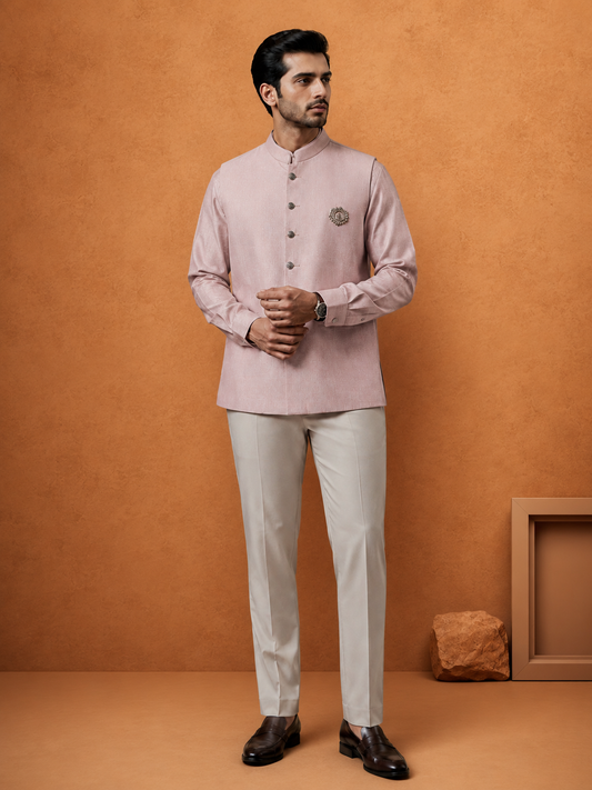 Men Light Mauve Plain Self Textured Shirt Jacket Set