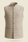 Beige Sequin Embroidered Nehru Jacket