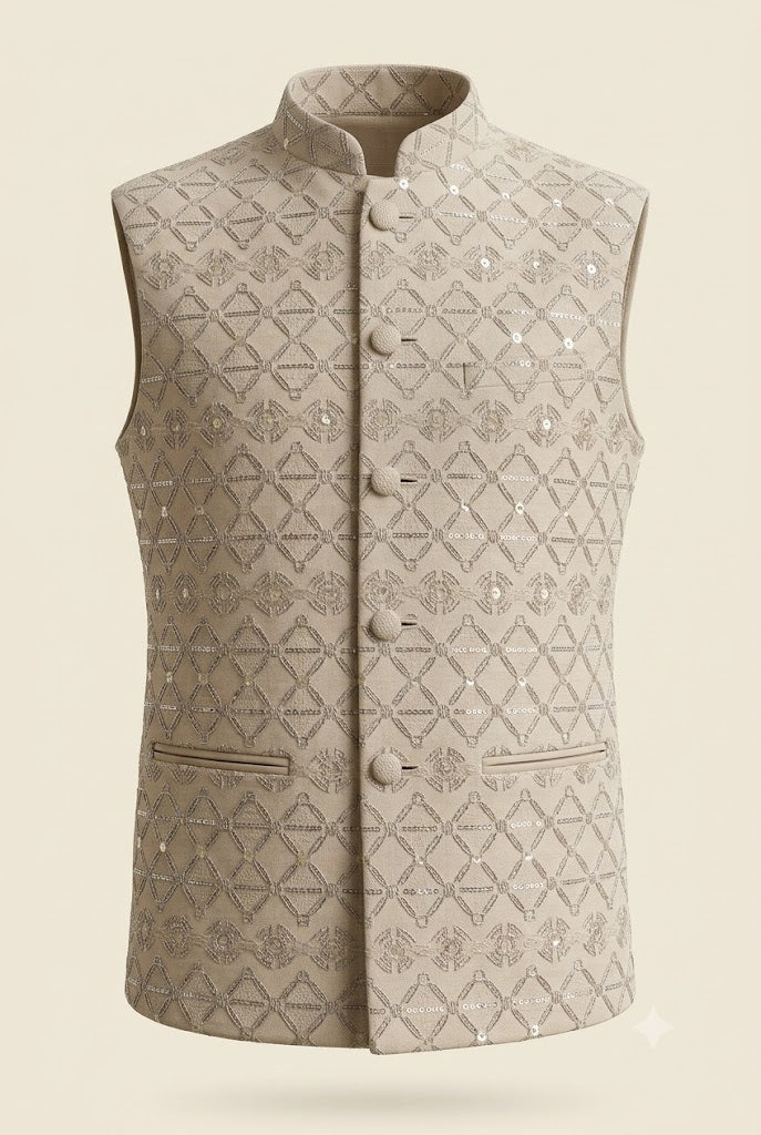 Beige Sequin Embroidered Nehru Jacket