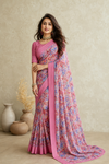 Women's Pink Floral Printed Saree with Elegant Border | Lightweight Party & Festive Wear