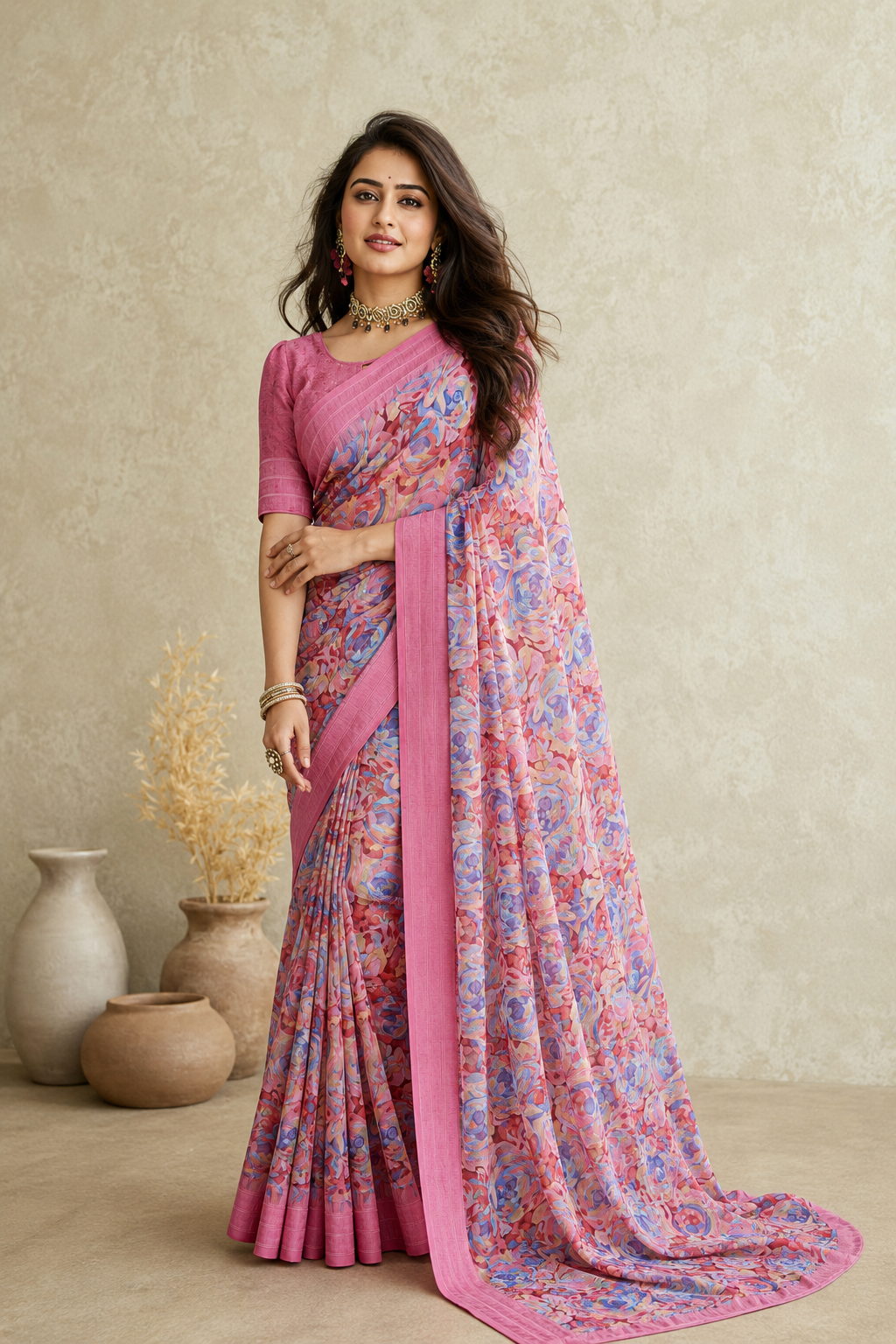 Women's Pink Floral Printed Saree with Elegant Border | Lightweight Party & Festive Wear