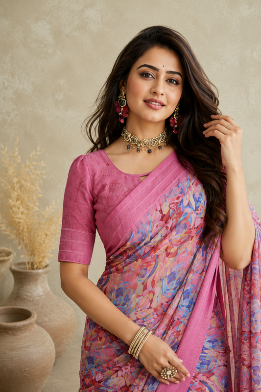 Women's Pink Floral Printed Saree with Elegant Border | Lightweight Party & Festive Wear