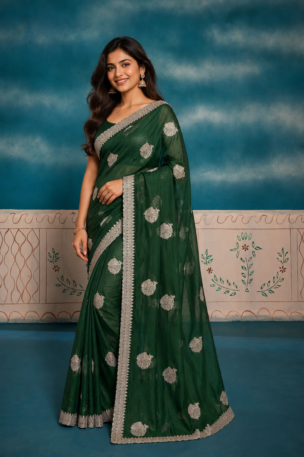 Elegant  Embroidered Saree with Intricate Silver Zari Border