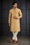 Beige Gold Tonal Embroidered Silk Kurta Set for Men