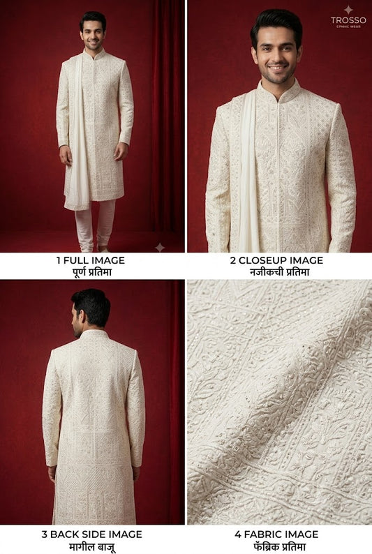 Royal Ivory Embroidered Sherwani with Stole