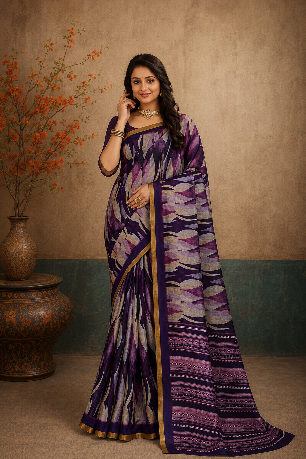 Royal Purple Abstract Print Designer Saree with Elegant Gold Border