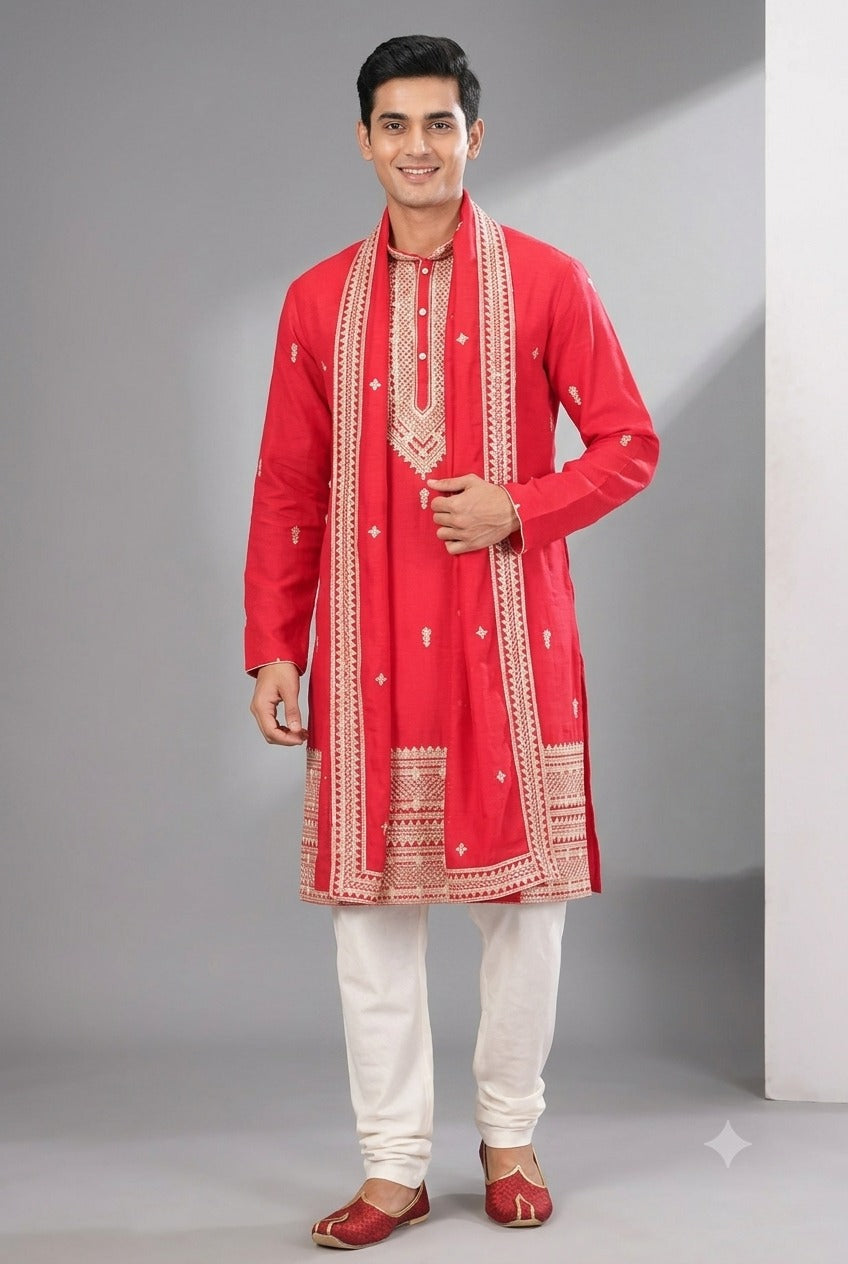 Red Embroidered Wedding Kurta Set