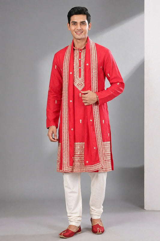 Red Embroidered Wedding Kurta Set