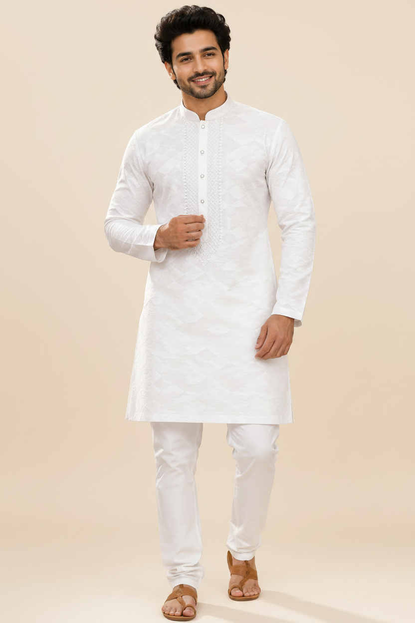 White Self-Textured Embroidered Kurta for Men