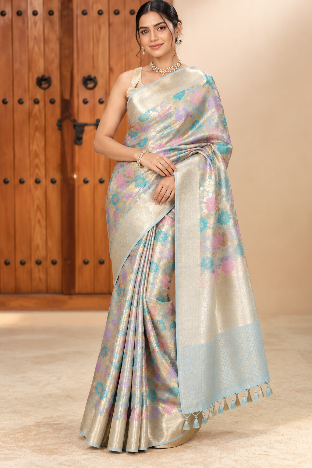 Pastel Floral Woven Silk Saree