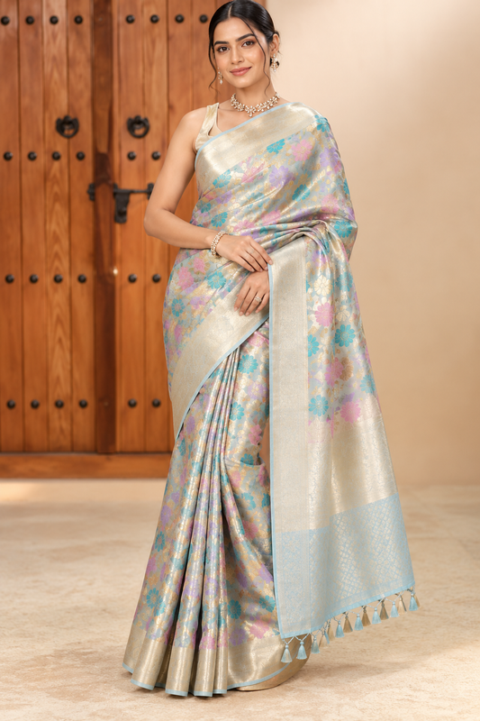 Pastel Floral Woven Silk Saree