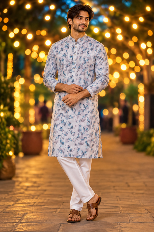 Men’s Pastel Blue Floral Print Only Kurta