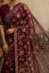 Elegant Wine Embroidered Organza Saree with Intricate Floral Sequins Work