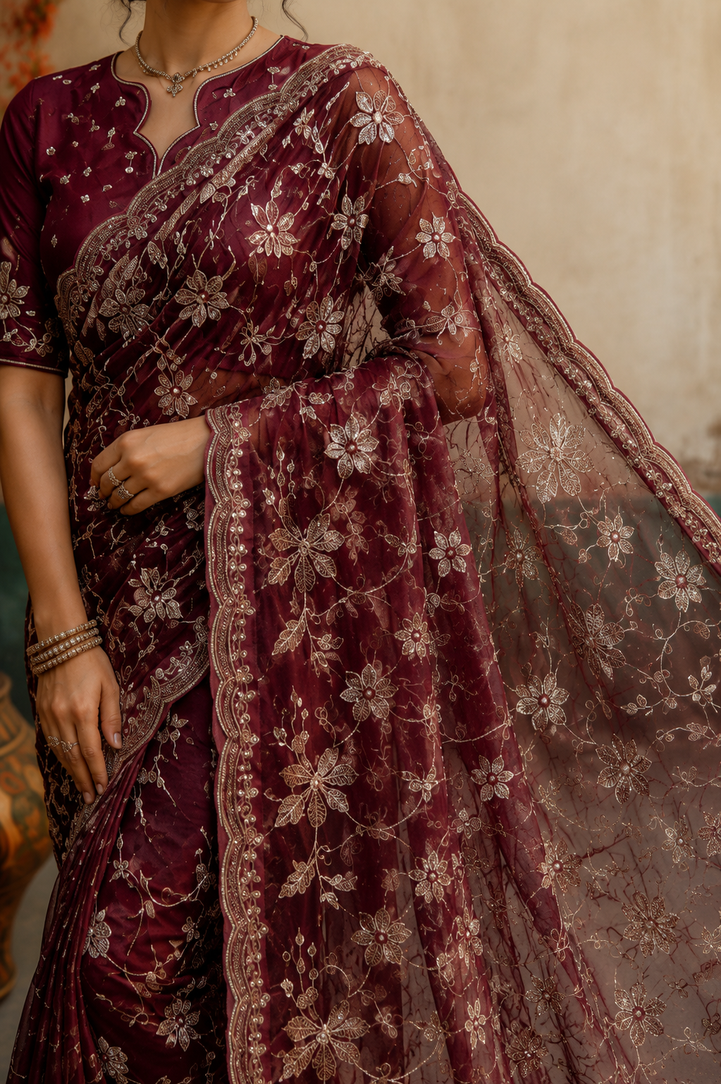 Elegant Wine Embroidered Organza Saree with Intricate Floral Sequins Work
