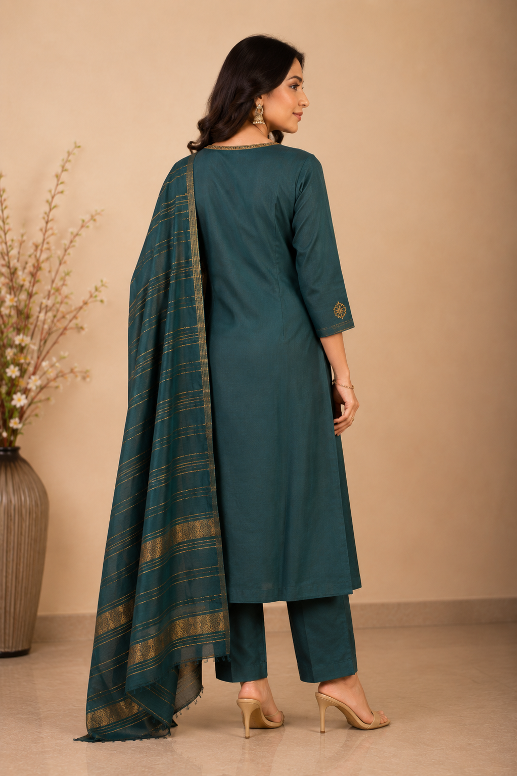 Elegant Teal Green Embroidered Kurti Pant & Dupatta Se