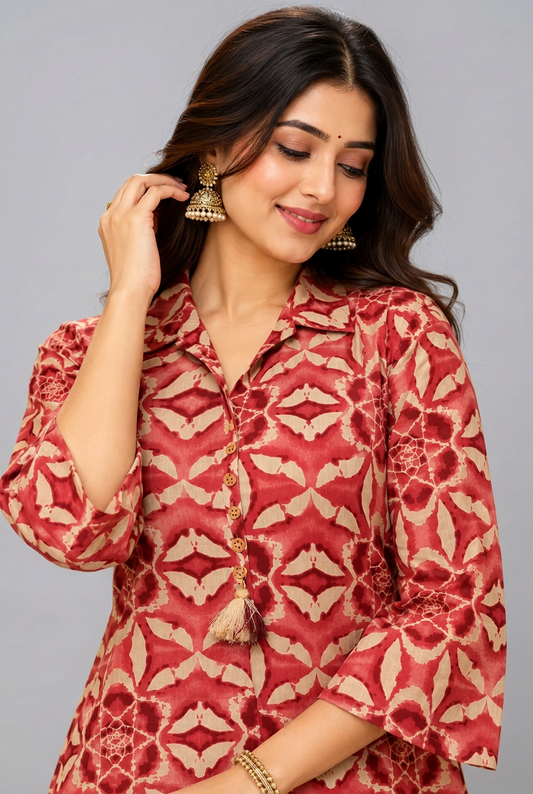 Elegant Maroon Floral Printed Kurta Palazzo Set