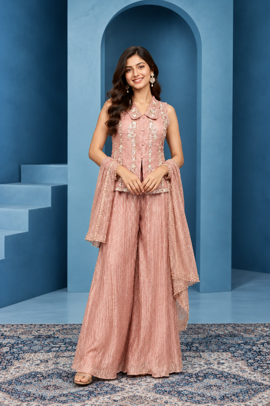 Elegant Dusty Pink Embroidered Palazzo Set with Dupatta