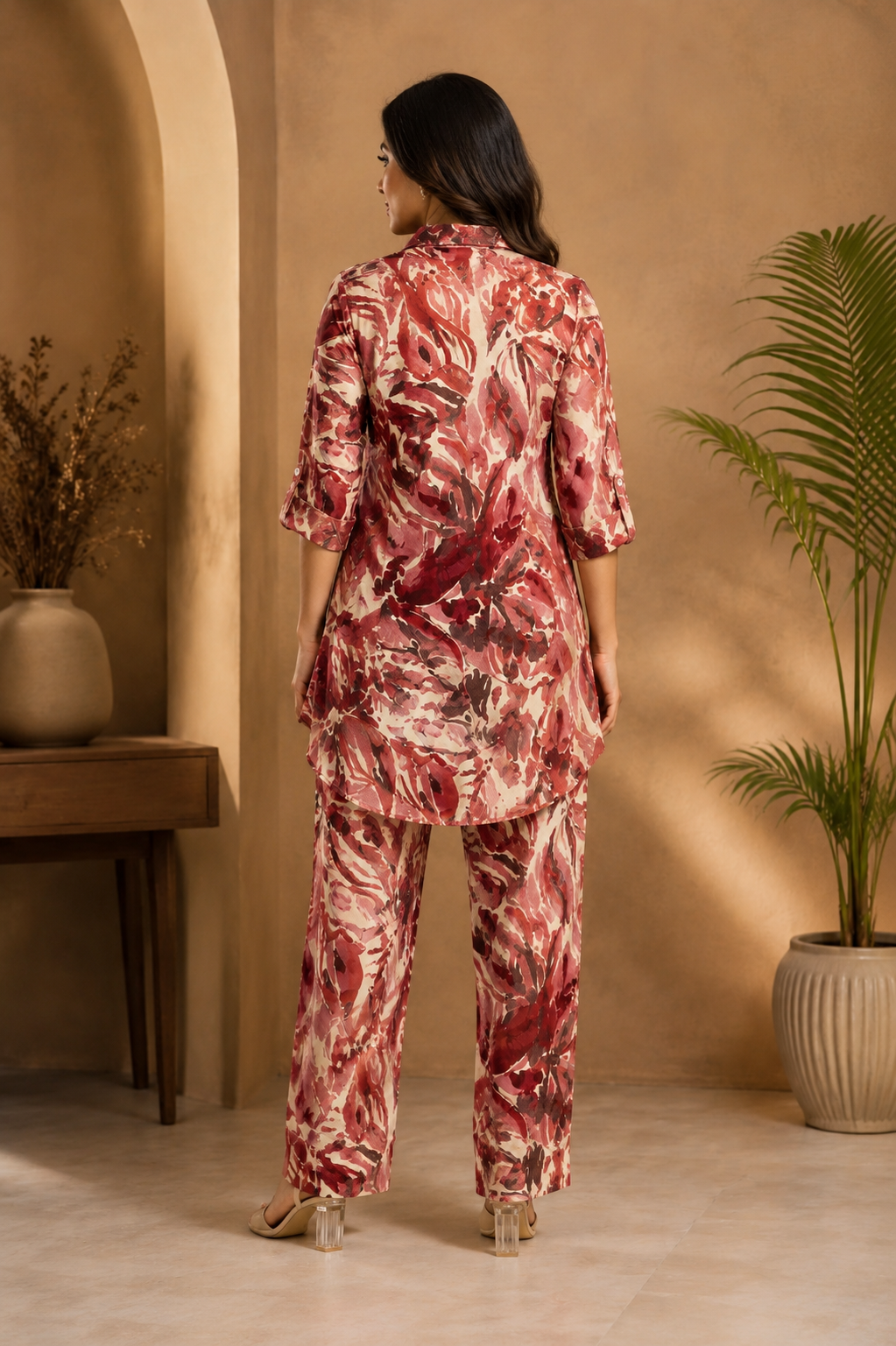 Women's Abstract Floral Printed Co-Ord Set – Elegant Shirt & Straight Pant Set