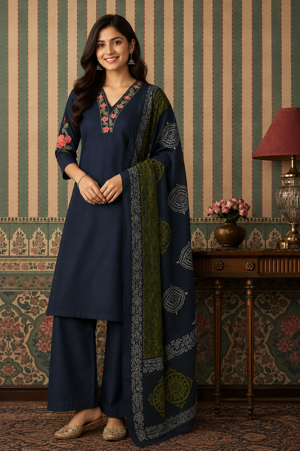 Women's Navy Blue Embroidered Kurta Palazzo Set with Printed Dupatta