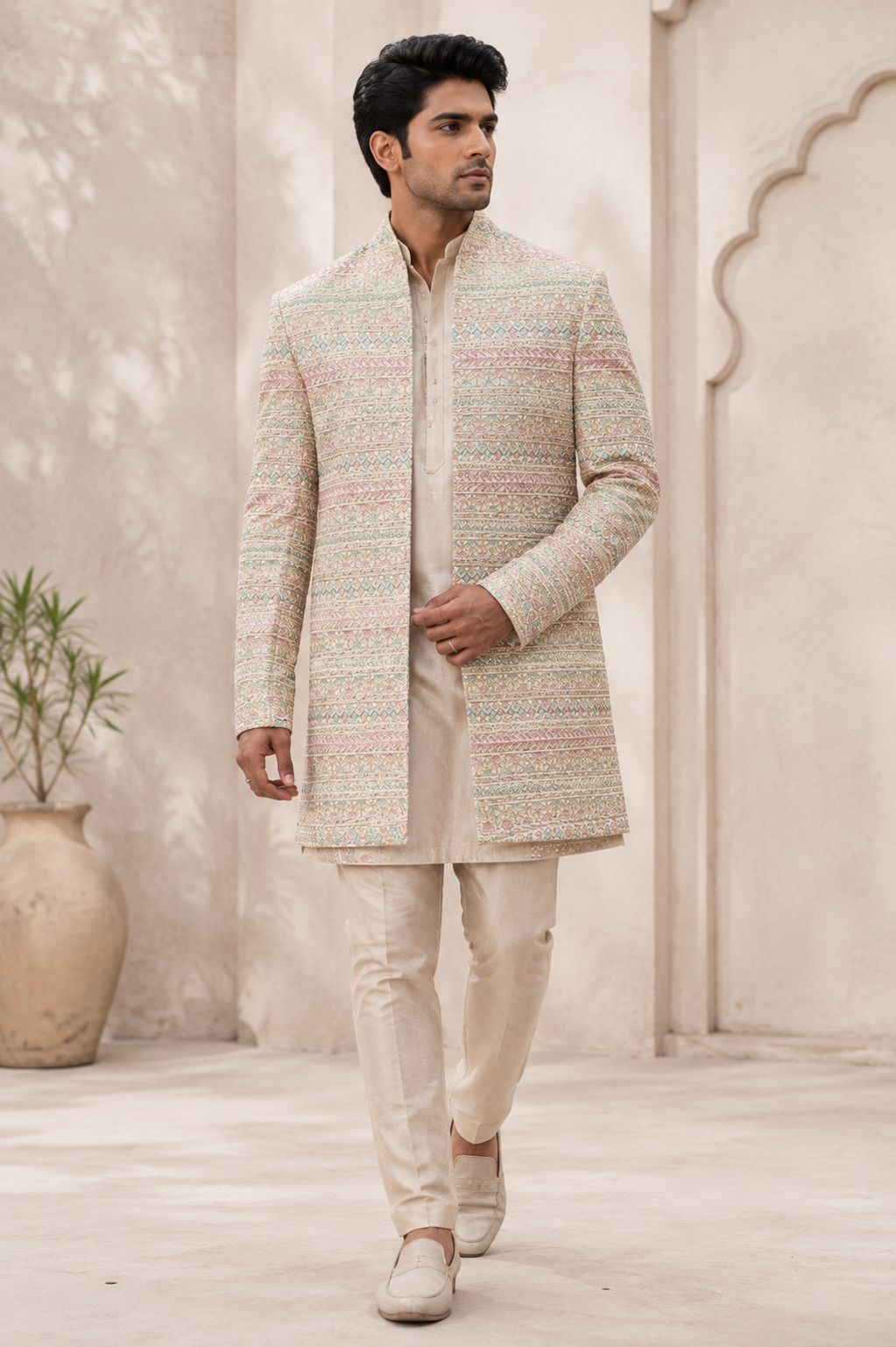Pastel Embroidered Indo-Western Sherwani Set