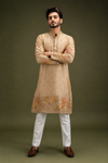 Beige Silk Kurta Set with Peach Floral Embroidery for Me