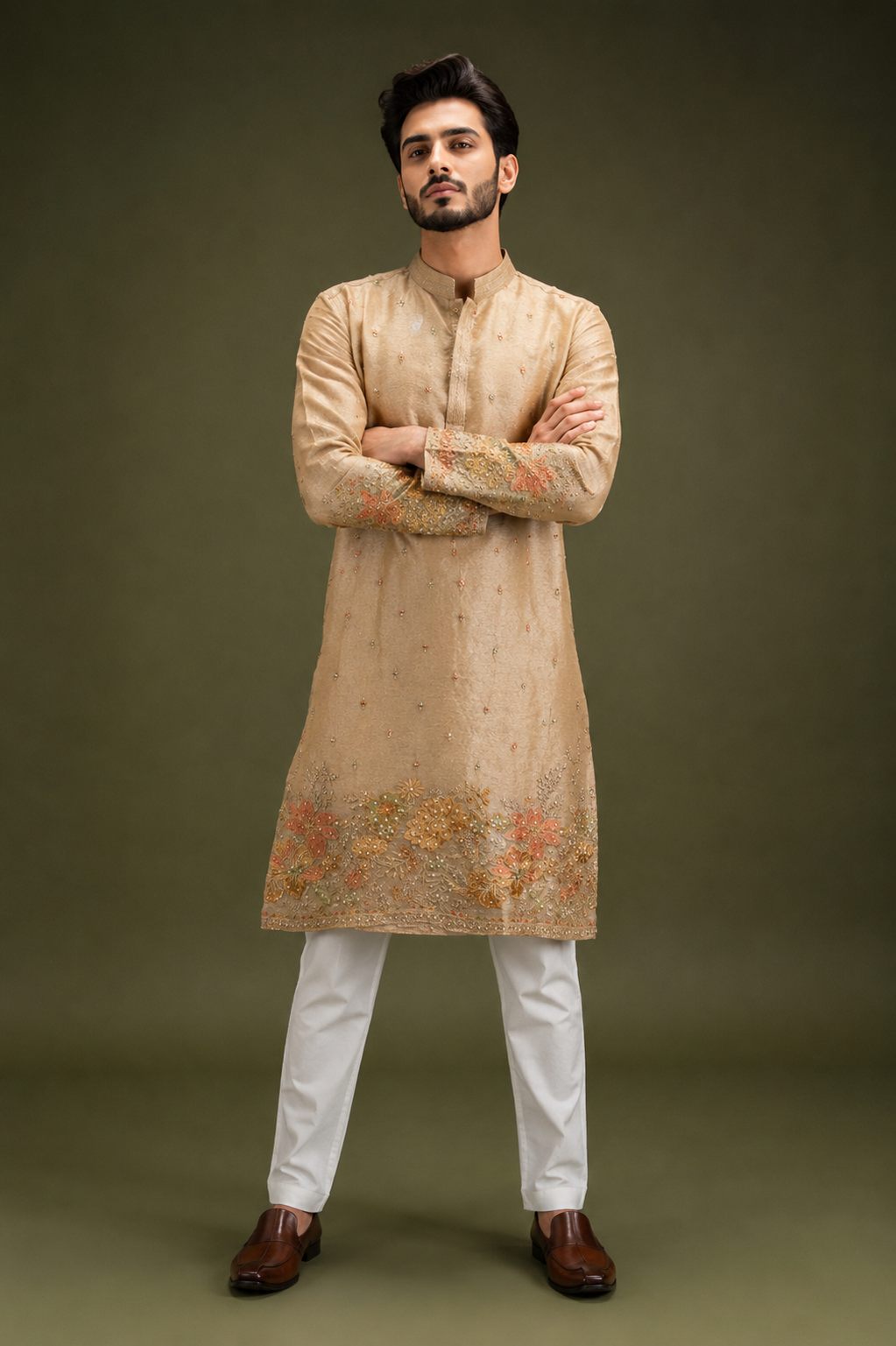 Beige Silk Kurta Set with Peach Floral Embroidery for Me
