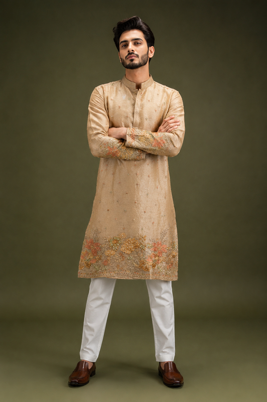 Beige Silk Kurta Set with Peach Floral Embroidery for Me