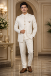 Men's Off-White Jacquard Jodhpuri Suit with Nehru Jacket