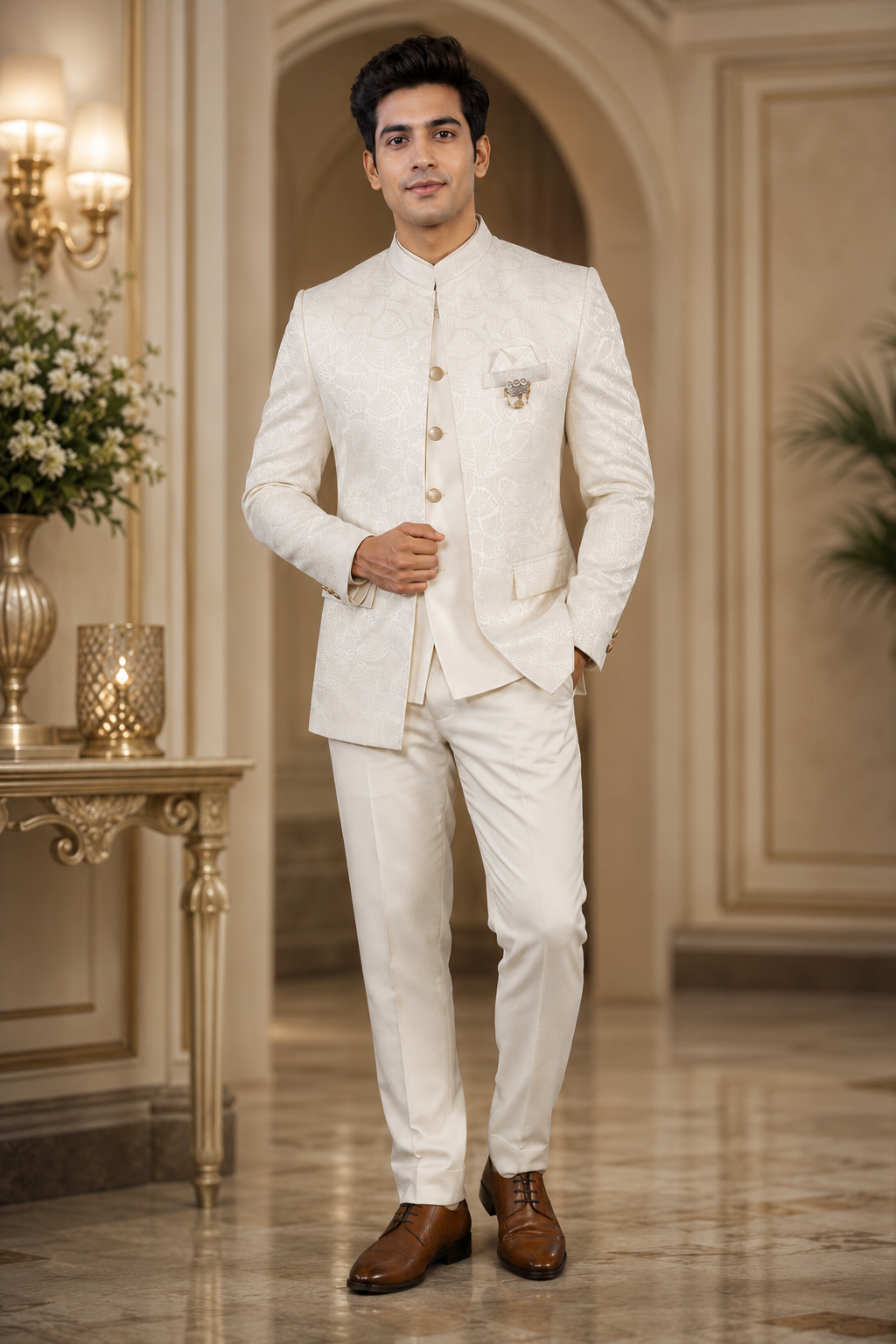 Men's Off-White Jacquard Jodhpuri Suit with Nehru Jacket