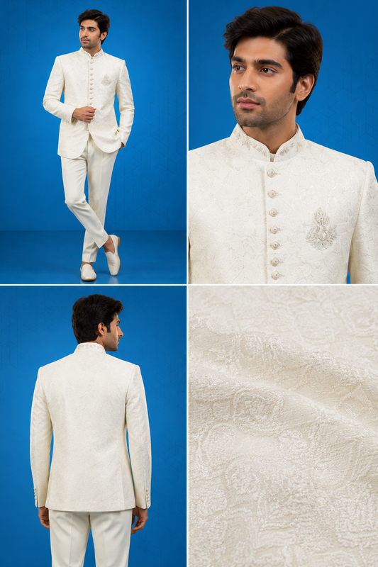 Ivory Jacquard Jodhpuri Bandhgala Suit