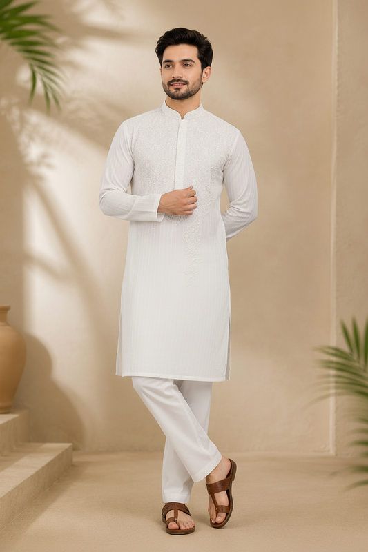White Embroidered Self-Stripe Kurta Pajama for Men