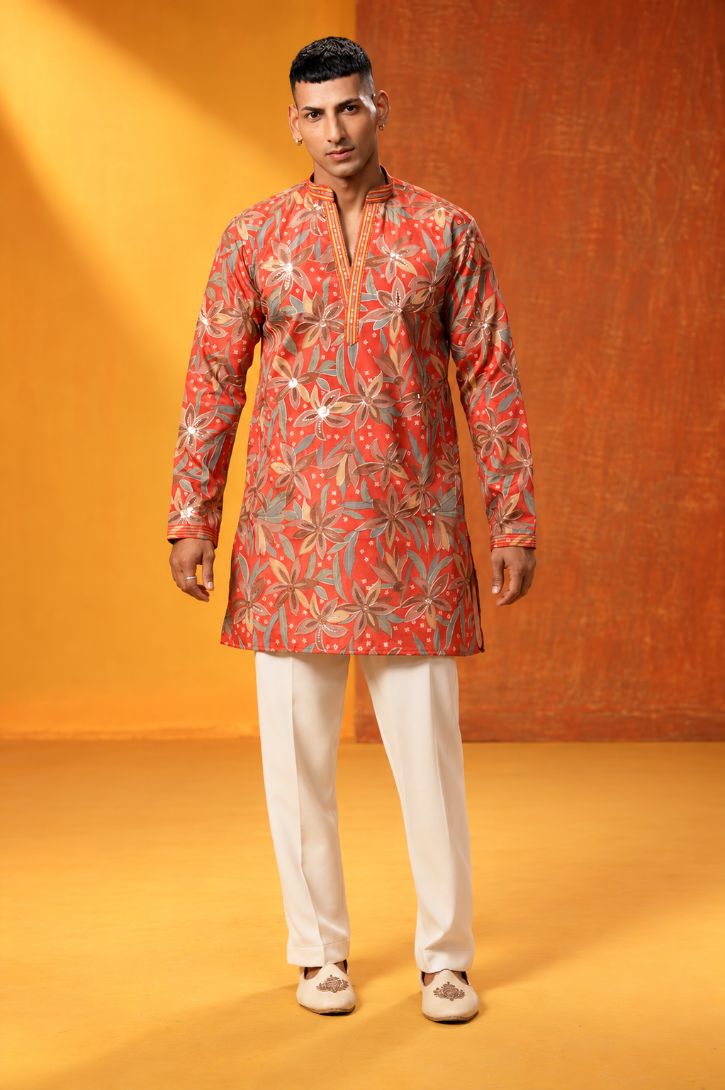 Coral Red Floral Embroidered Festive Kurta Set