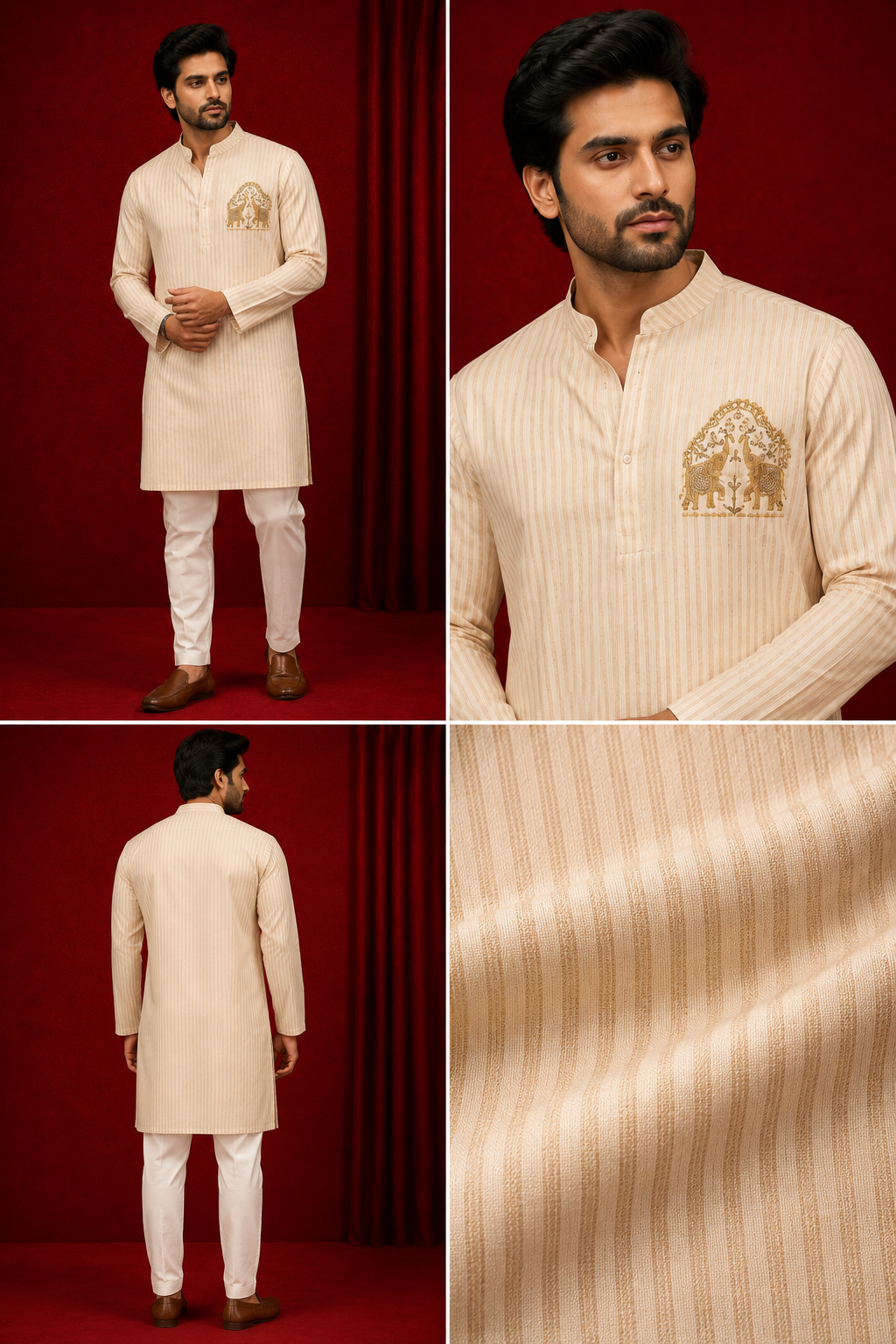 Beige Striped Kurta Set with Gold Elephant Motif Embroidery