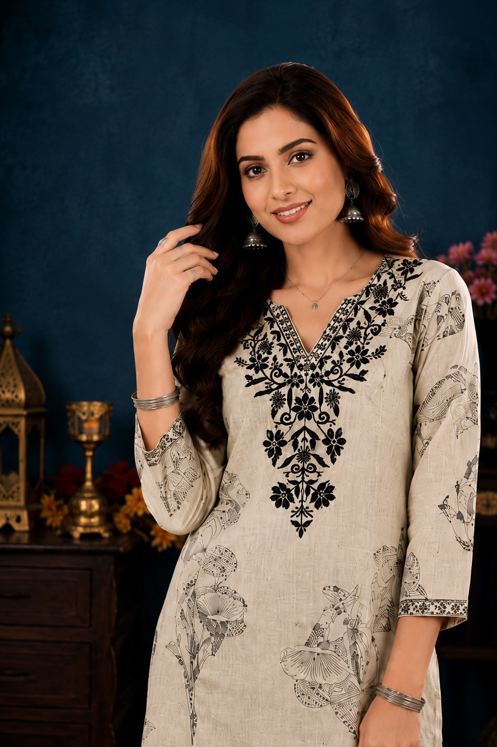 Women's Beige Floral Printed Straight Kurti with Black Embroidered Yoke