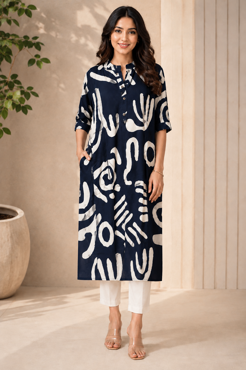 Navy Abstract Print Straight Kurti