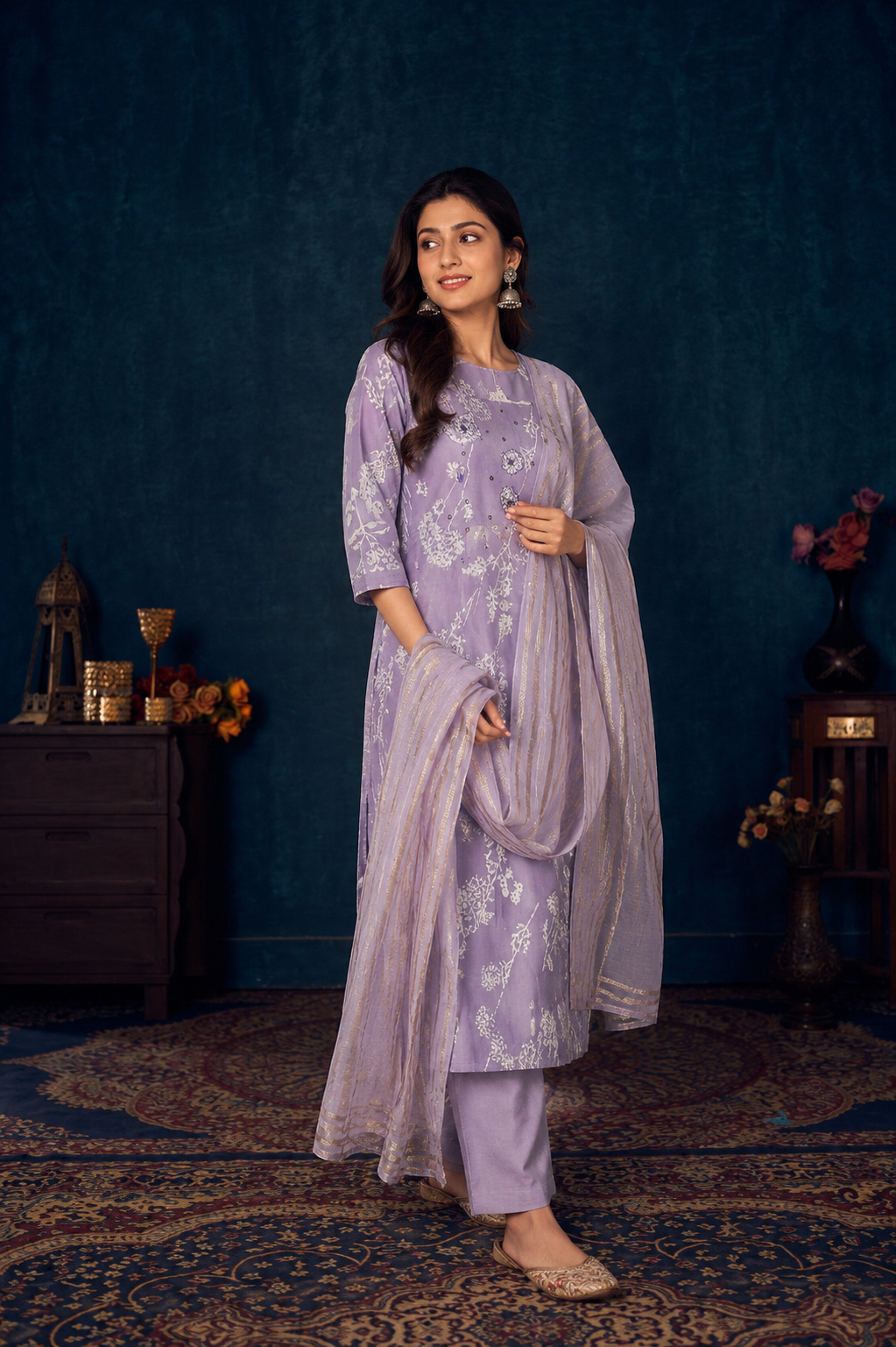 Lavender Floral Printed Kurta Pant & Dupatta Set