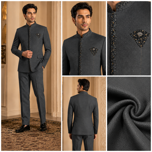 Charcoal Grey Embellished Jodhpuri Bandhgala Suit