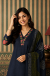 Women's Navy Blue Embroidered Kurta Palazzo Set with Printed Dupatta